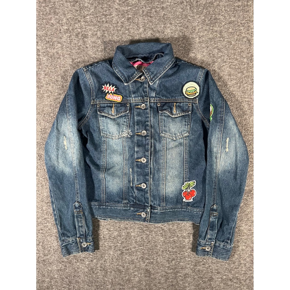 Vintage Billabong Denim Patch Jacket Womens Medium Blue Distressed Trucker